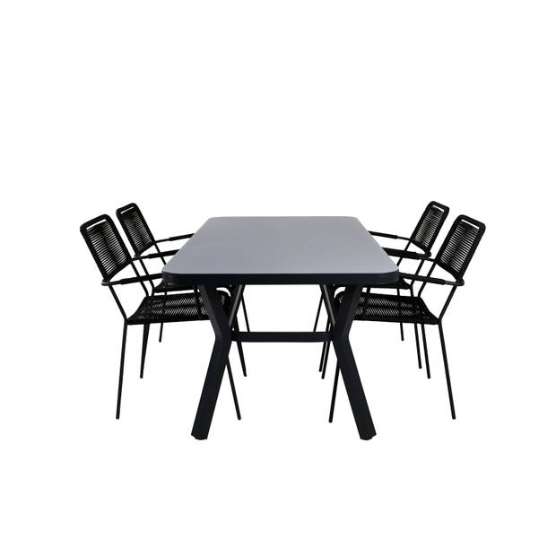 Virya tuinmeubelset tafel 90x160cm en 4 stoel armleuningS Lindos zwart, grijs.