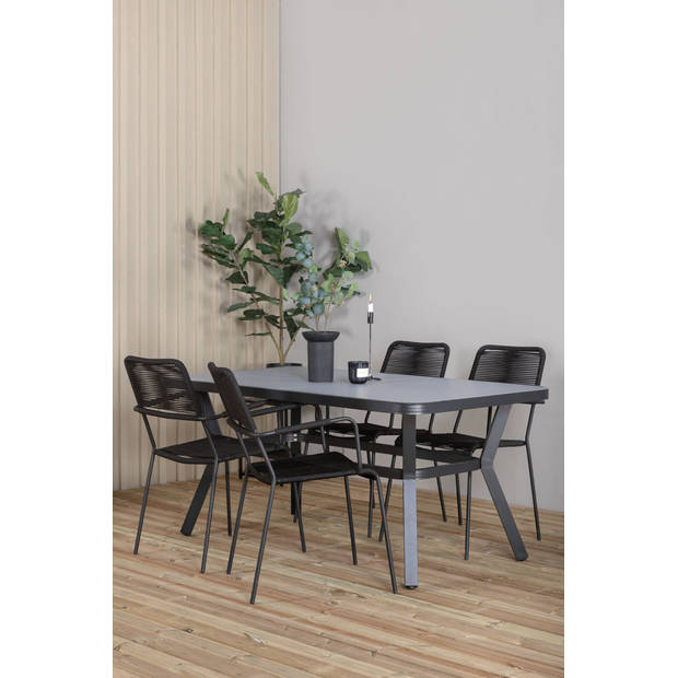 Virya tuinmeubelset tafel 90x160cm en 4 stoel armleuningS Lindos zwart, grijs.