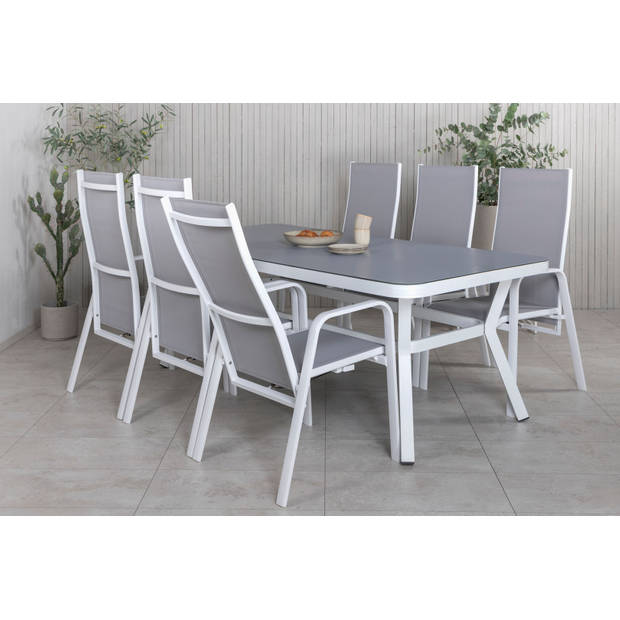 Virya tuinmeubelset tafel 100x200cm en 6 stoel Copacabana wit, grijs.