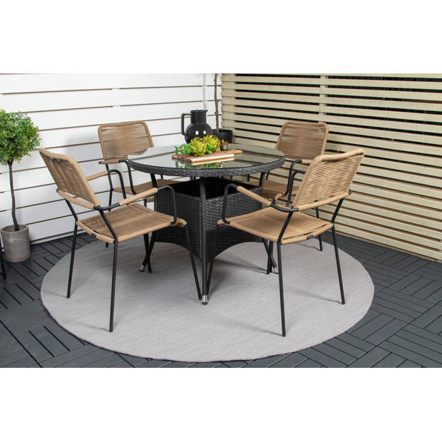 Volta tuinmeubelset tafel Ø90cm en 4 stoel armleuningL Lindos zwart.