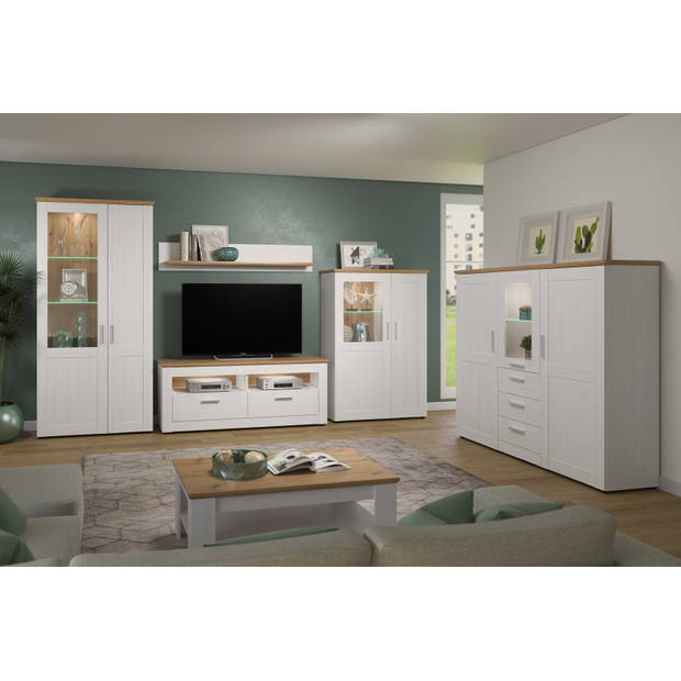 Shade TV-meubel 2 lades, 2 open vakken wit dennenhout decor, eiken decor.