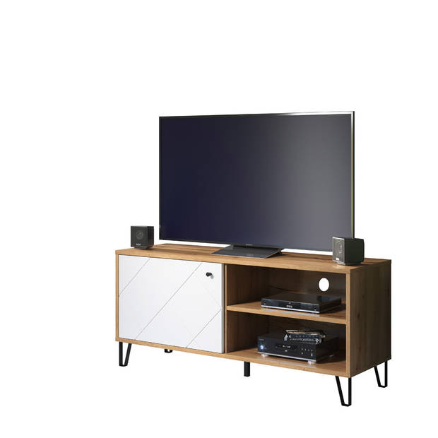 Touch TV-meubel 1 deur, 2 open vakken eiken decor, wit mat.