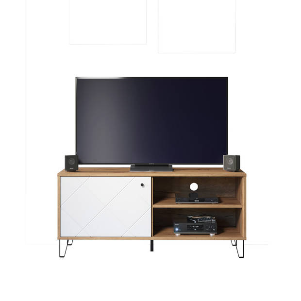 Touch TV-meubel 1 deur, 2 open vakken eiken decor, wit mat.