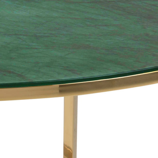 Almaz salontafel Ø80 cm in glas met groene marmerprint en goudkleurig chromen onderstel.