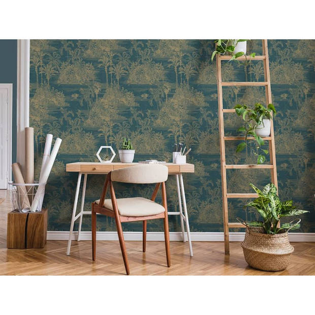 DUTCH WALLCOVERINGS Behang Tropical donkerblauw en goudkleurig