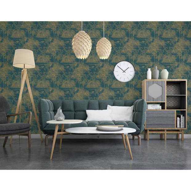 DUTCH WALLCOVERINGS Behang Tropical donkerblauw en goudkleurig