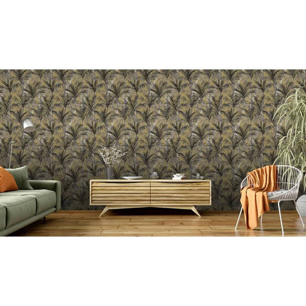 DUTCH WALLCOVERINGS Behang Palm Trees goudkleurig en zwart