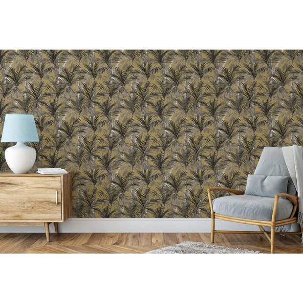 DUTCH WALLCOVERINGS Behang Palm Trees goudkleurig en zwart