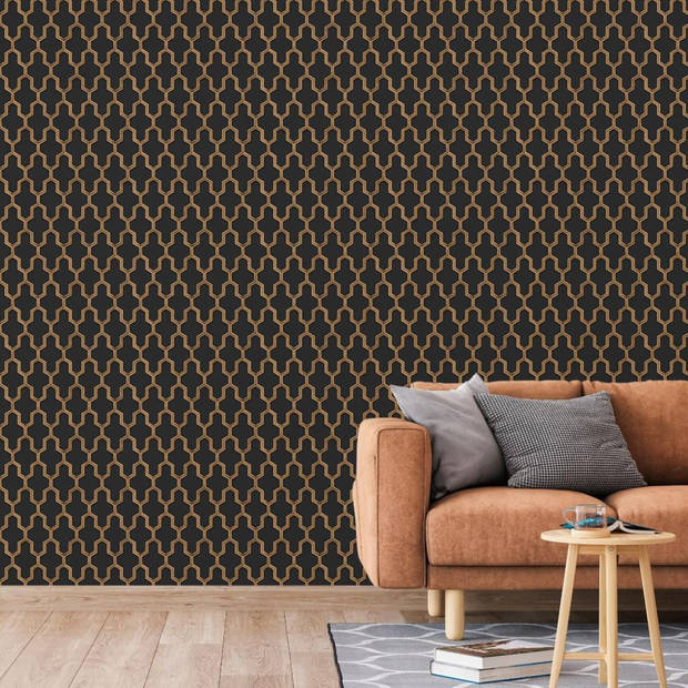 DUTCH WALLCOVERINGS Behang Geometric zwart en goudkleurig