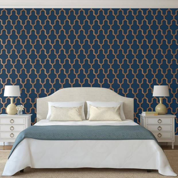 DUTCH WALLCOVERINGS Behang Geometric blauw en goudkleurig