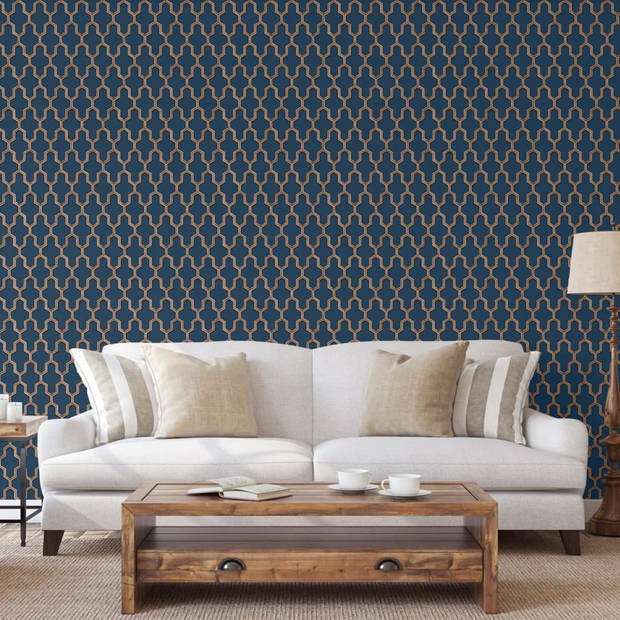 DUTCH WALLCOVERINGS Behang Geometric blauw en goudkleurig