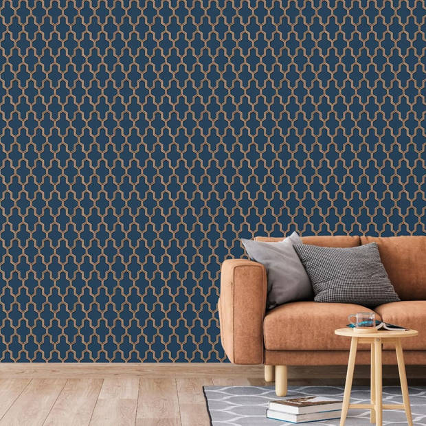 DUTCH WALLCOVERINGS Behang Geometric blauw en goudkleurig