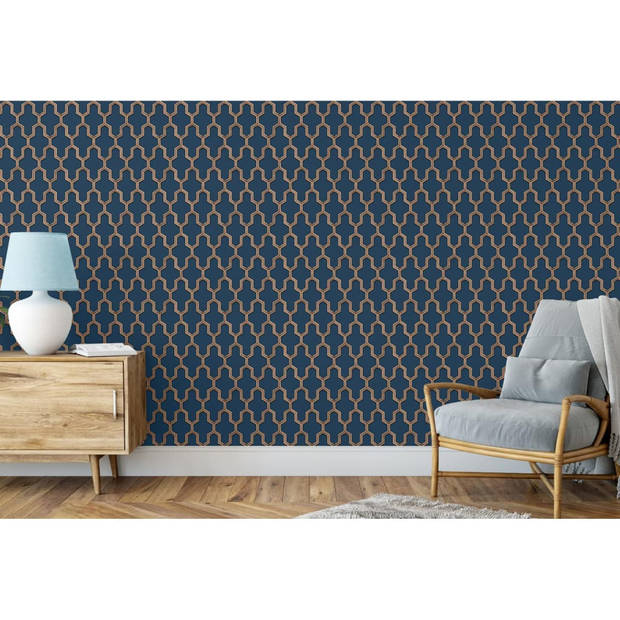 DUTCH WALLCOVERINGS Behang Geometric blauw en goudkleurig