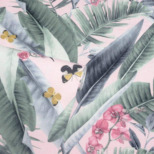 DUTCH WALLCOVERINGS Behang Lush Tropical roze en blauw