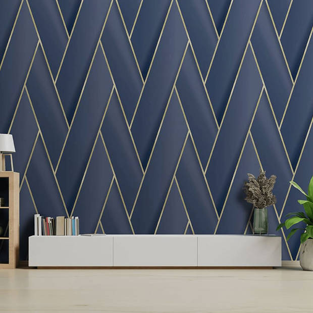 DUTCH WALLCOVERINGS Behang Geometric blauw en goudkleurig