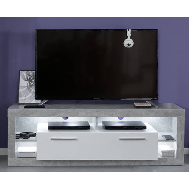 Rock TV-meubel 150 cm 1 vouwbaar, 4 open vakken beton decor, wit, wit hoogglans.