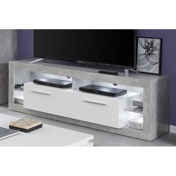 Rock TV-meubel 150 cm 1 vouwbaar, 4 open vakken beton decor, wit, wit hoogglans.