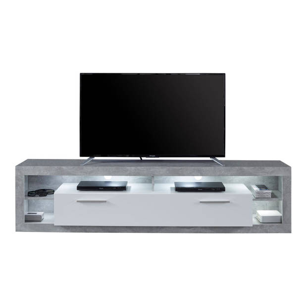 Rock TV-meubel 200 cm 1 deur, 4 open vakken beton decor, wit, wit hoogglans.