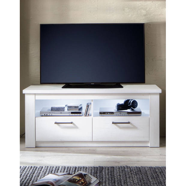 Georgia TV-meubel 2 lades, 2 open vakken zonder verlichting wit grenen structuur decor.