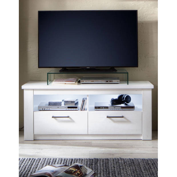 Georgia TV-meubel 2 lades, 2 open vakken zonder verlichting wit grenen structuur decor.