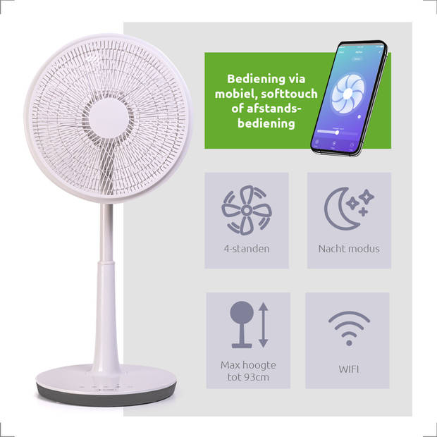 BluMill Ventilator met Wifi - Staande Ventilator - Verstelbare Hoogte - Incl. afstandsbediening - max. hoogte 93 cm
