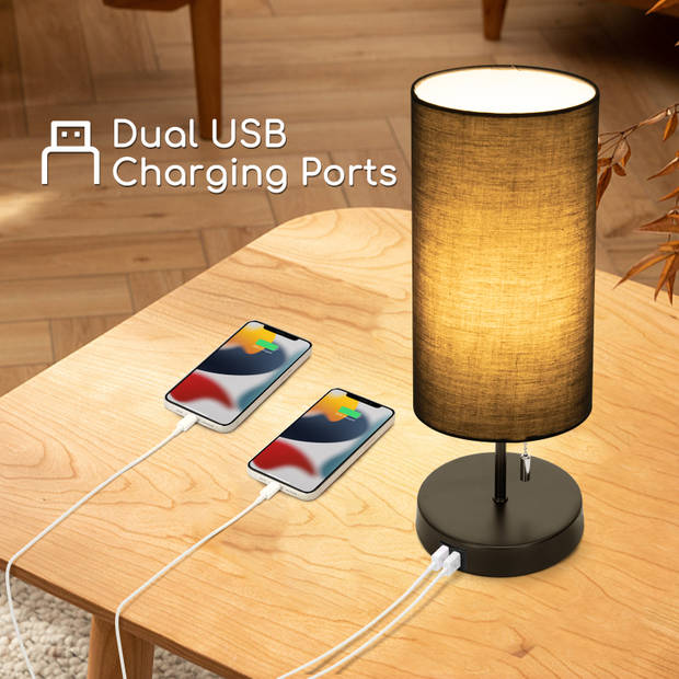Aigostar 13AS3 - Bureaulamp - 2 USB Oplaadpoorten - Tafellamp - Nachtlampje - Met lampenkap - E27 fitting - Grijs
