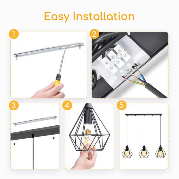 Aigostar 13A4E Hanglamp - 3 lichts - Industrieel - Pendellamp - Ø 175mm - l:110cm - E27 fitting - excl. lichtbronnen