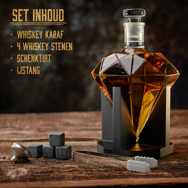 Whisiskey Whiskey Karaf - Diamant- Luxe Whisky Karaf Set - 0,9 L - Decanteer karaf - Whiskey Set - Incl. Accessoires