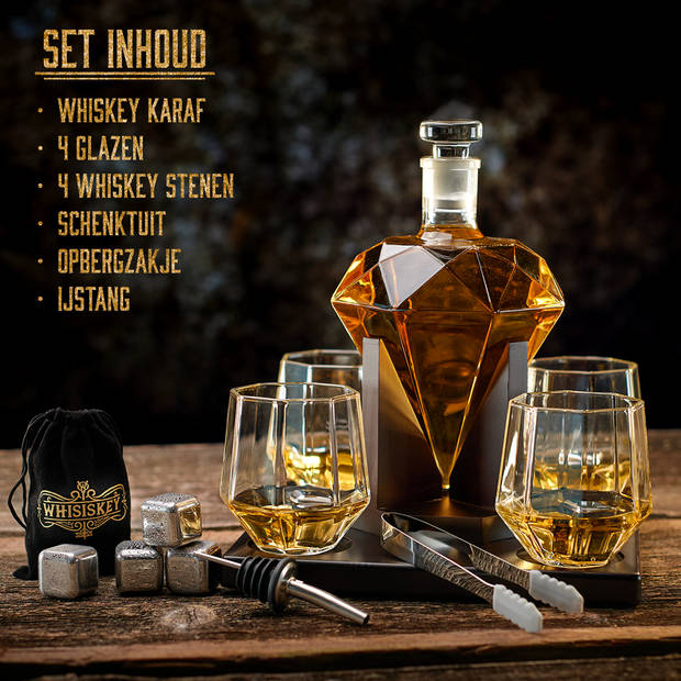 Whisiskey Whiskey Karaf - Diamant - Luxe Whisky Karaf Set - 0,9 L - Decanteer Karaf - Incl. Accessoires