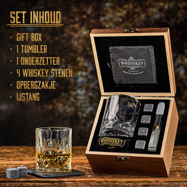 Whisiskey Luxe Whiskey Set - Incl. Whiskey Glas, 4 Whiskey Stones, Onderzetter, Opbergzak, Opbergbox - Whisky Cadeauset