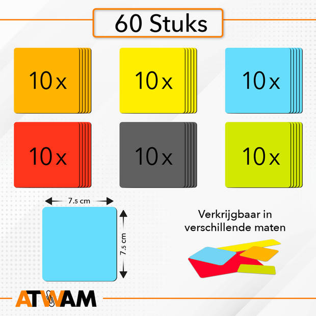 ATWAM Scrum Magneten - 60 stuks - Voor Whiteboard of Magneetbord - Herschrijfbare Magneten - Post It – 7,5*7,5 cm