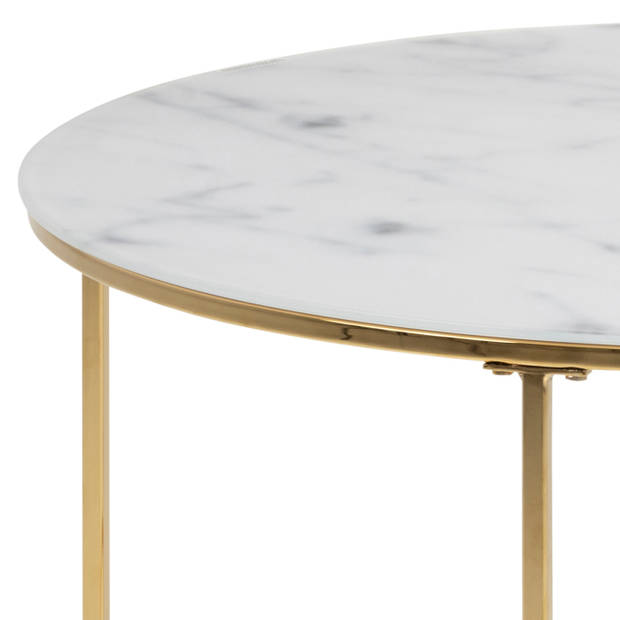 Bolt salontafel glas, wit marmer print, goudkleurig chromen frame.
