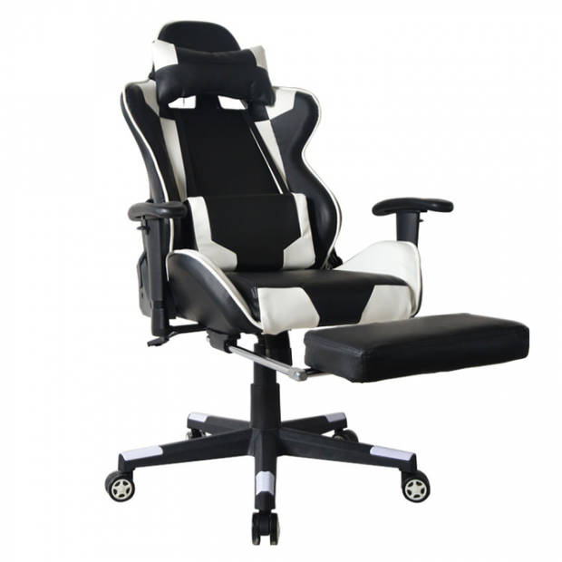 Gamestoel bureaustoel Thomas - met voetsteun - racing stijl - ergonomisch verstelbaar - zwart wit