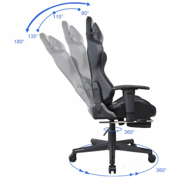Gamestoel bureaustoel Thomas - met voetsteun - racing stijl - ergonomisch verstelbaar - zwart