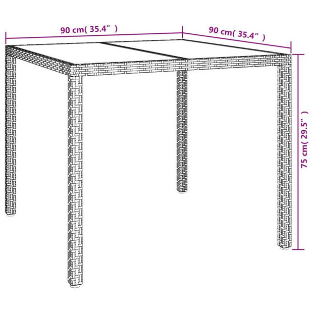 vidaXL Tuintafel 90x90x75 cm gehard glas en poly rattan grijs