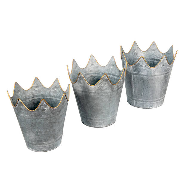 Clayre & Eef Bloempot Set van 3 Ø 29 Ø 26 Ø 22 cm Grijs Metaal Kroon Plantenpot Grijs Plantenpot