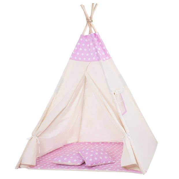 Springos Tipi Tent Wigwam Speeltent 120x100x180 cm Met Mat en Kussens Naturel Roze Stippen