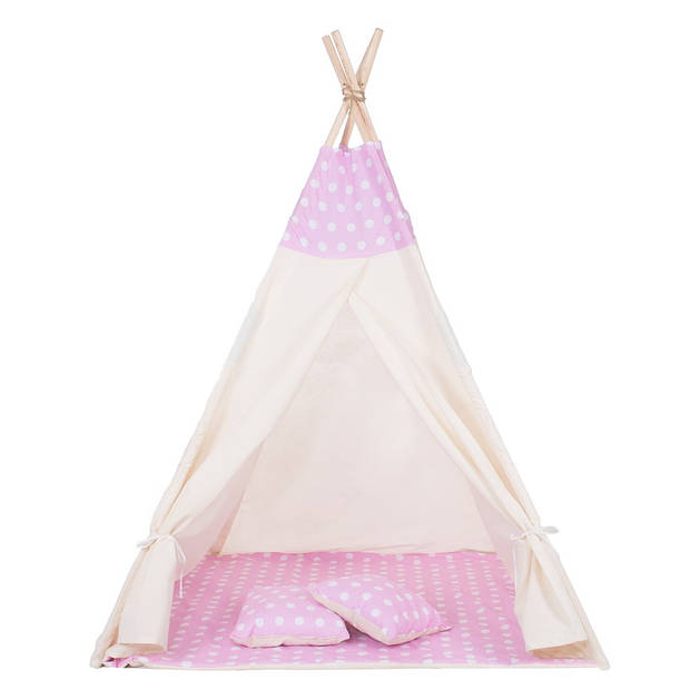 Springos Tipi Tent Wigwam Speeltent 120x100x180 cm Met Mat en Kussens Naturel Roze Stippen