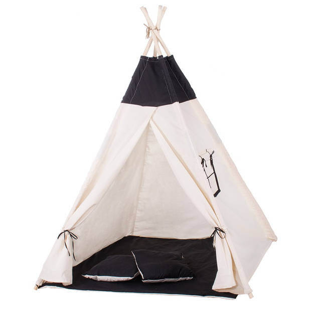 Tipi Tent Wigwam Speeltent 120x100x180 cm Met Mat en Kussens Naturel Zwart