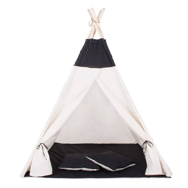 Tipi Tent Wigwam Speeltent 120x100x180 cm Met Mat en Kussens Naturel Zwart