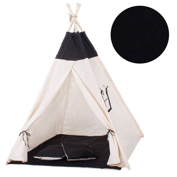 Tipi Tent Wigwam Speeltent 120x100x180 cm Met Mat en Kussens Naturel Zwart
