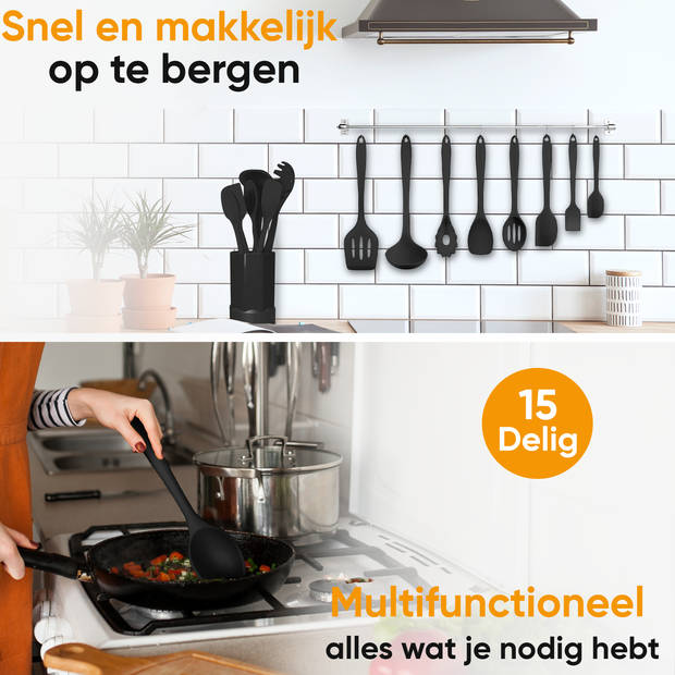 Strex Keukengerei Set met Houder 15 delig - Hittebestendig / BPA Vrij / Siliconen - Keuken Gerei