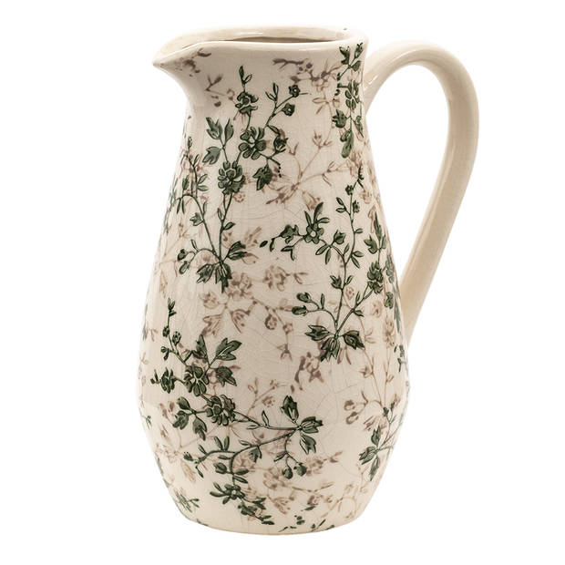 Clayre & Eef Decoratie Kan 20x14x25 cm Groen Beige Keramiek Bloemen Waterkan Groen Waterkan