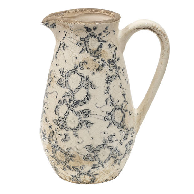 Clayre & Eef Decoratieve Kan 16*12*22 cm Grijs Beige Keramiek Bloemen Waterkan Schenkkan Vaas Grijs Waterkan Schenkkan