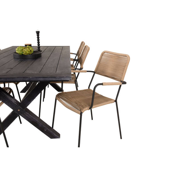 Rives tuinmeubelset tafel 100x200cm en 6 stoel armleuningL Lindos zwart.