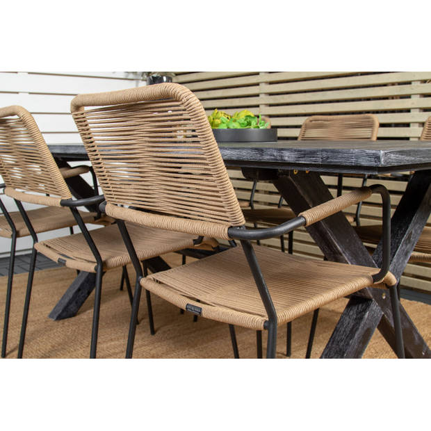 Rives tuinmeubelset tafel 100x200cm en 6 stoel armleuningL Lindos zwart.