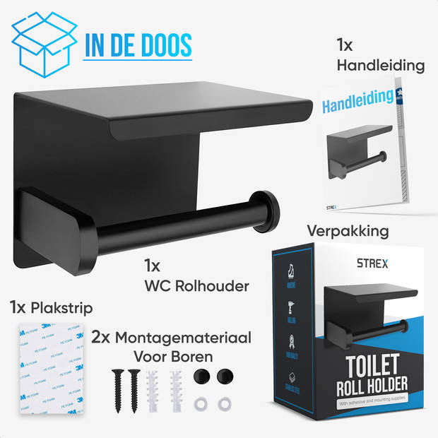 Strex WC Rolhouder met Plankje - Zwart - Zelfklevend / Boren / Zonder Boren - Toiletrolhouder - WC Papier Houder