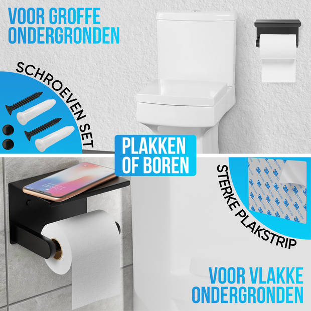 Strex WC Rolhouder met Plankje - Zwart - Zelfklevend / Boren / Zonder Boren - Toiletrolhouder - WC Papier Houder