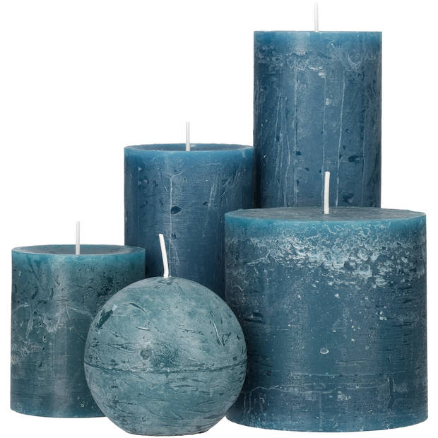 Blokker rustieke cilinderkaars - blauw groen - 7x13 cm