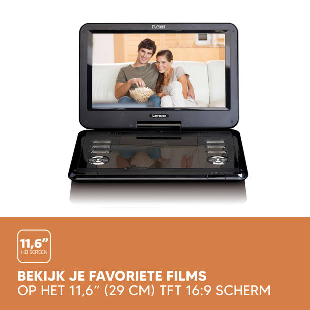 12" portable DVD-speler met DVB-T2 ontvanger Lenco DVP-1273 Zwart